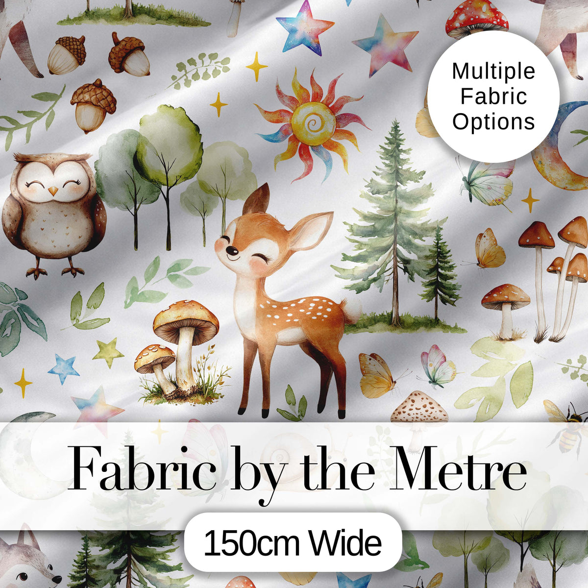Cute Woodland Animals with Deer Owl Mushrooms and Forest Elements Digital Print Fabric by the Metre UK Sewing Quilting Textile