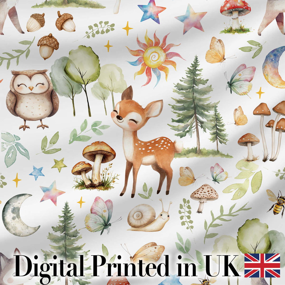 Cute Woodland Animals with Deer Owl Mushrooms and Forest Elements Digital Print Fabric by the Metre UK Sewing Quilting Textile