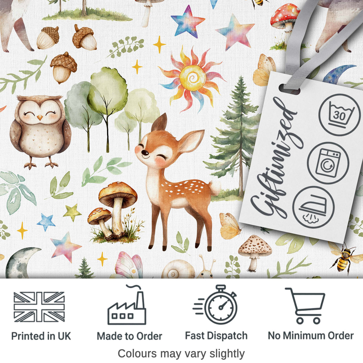 Cute Woodland Animals with Deer Owl Mushrooms and Forest Elements Digital Print Fabric by the Metre UK Sewing Quilting Textile