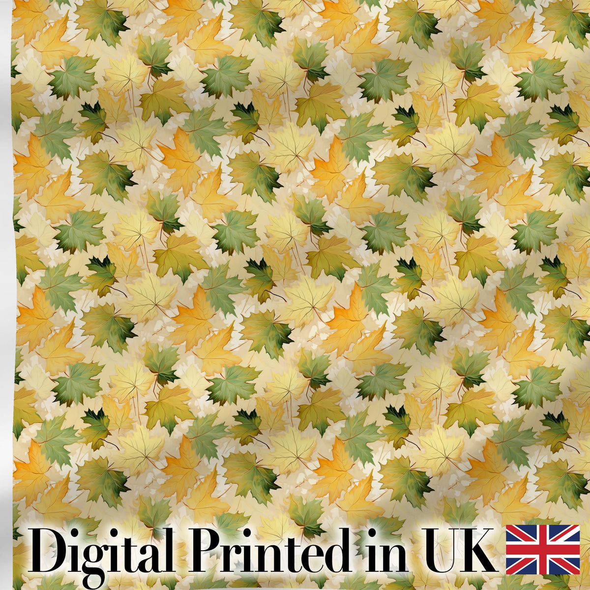 Yellow and Green Autumn Leaf Pattern on Soft Neutral Background Digital Print Fabric by the Metre UK Sewing Quilting Textile