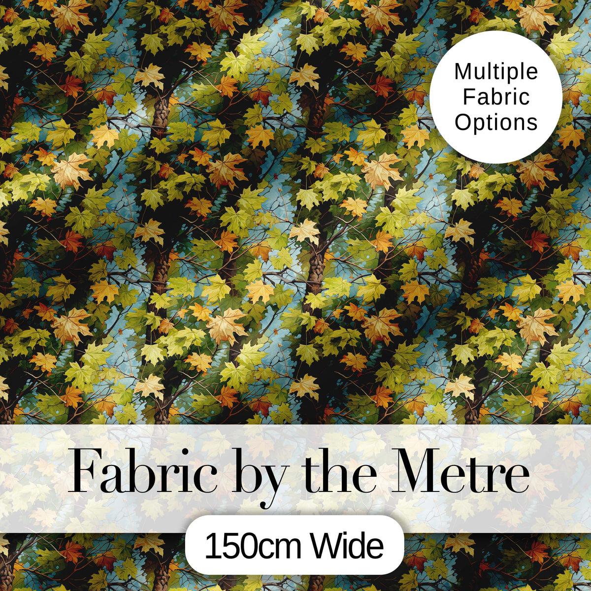 Autumn Tree Branch Pattern with Green and Yellow Leaves on Blue Background Digital Print Fabric by the Metre UK Sewing Quilting Textile