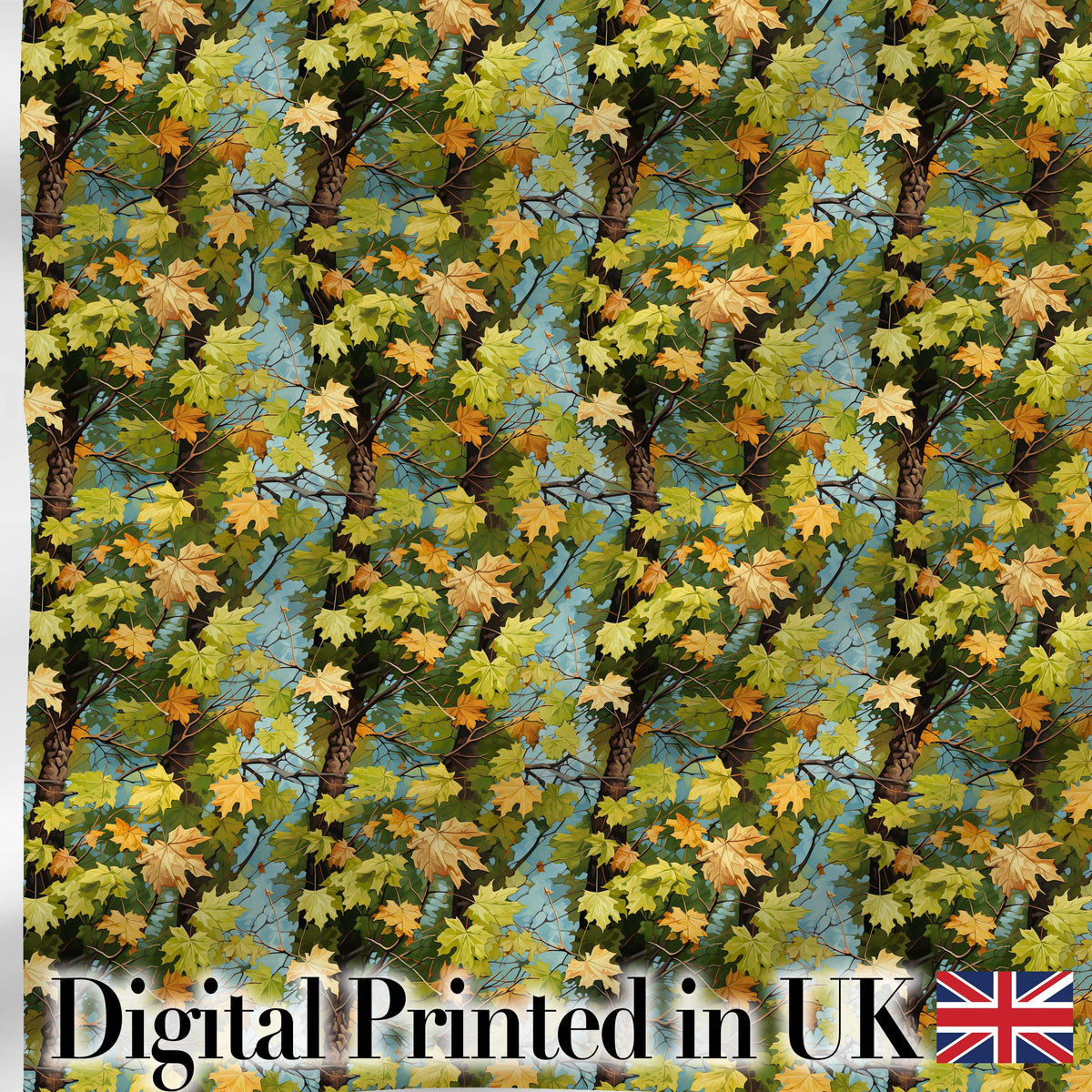 Autumn Tree Branch Pattern with Green and Yellow Leaves on Blue Background Digital Print Fabric by the Metre UK Sewing Quilting Textile