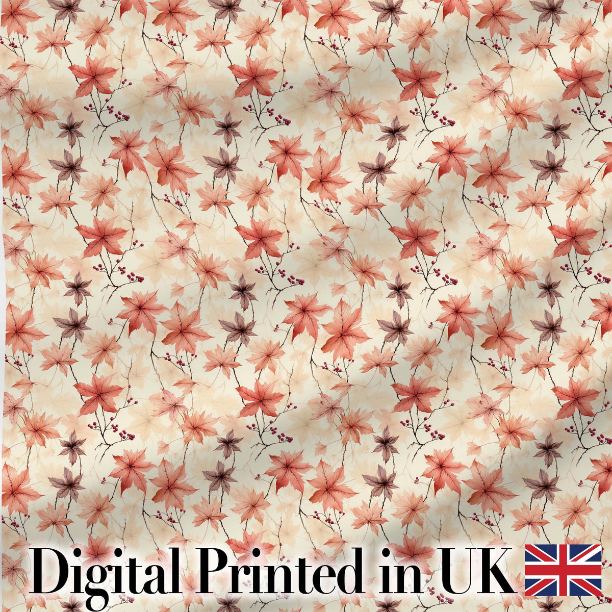 Delicate Coral Maple Leaves with Berry Branches on Cream Background Digital Print Fabric by the Metre UK Sewing Quilting Textile