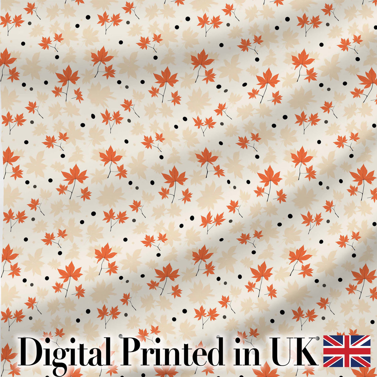 Minimal Orange Maple Leaves with Scattered Black Dots on Neutral Background Digital Print Fabric by the Metre UK Sewing Quilting Textile