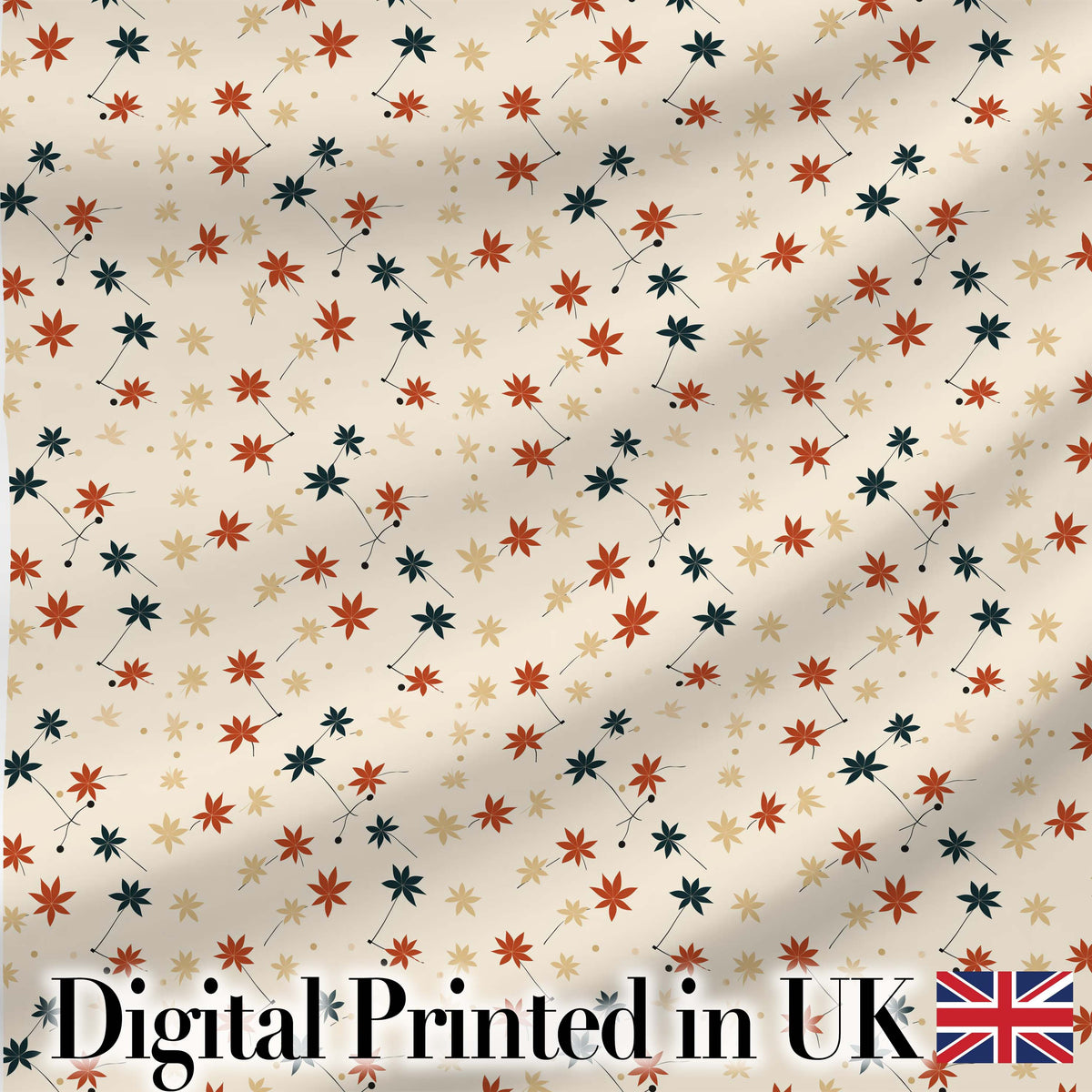 Small Stylised Autumn Leaves in Red and Dark Teal on Beige Background Digital Print Fabric by the Metre UK Sewing Quilting Textile