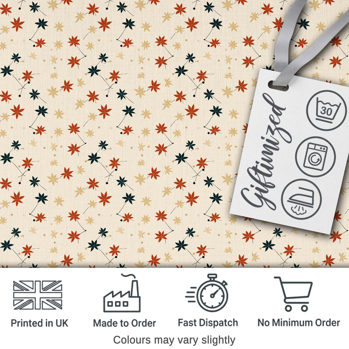 Small Stylised Autumn Leaves in Red and Dark Teal on Beige Background Digital Print Fabric by the Metre UK Sewing Quilting Textile