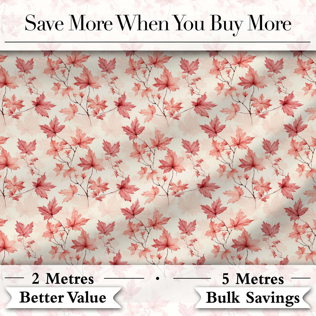 Blush Pink Maple Leaf Branches on Soft Cream Background Digital Print Fabric by the Metre UK Sewing Quilting Textile