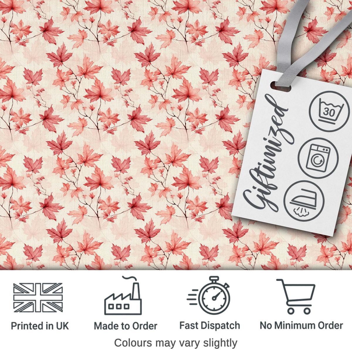 Blush Pink Maple Leaf Branches on Soft Cream Background Digital Print Fabric by the Metre UK Sewing Quilting Textile