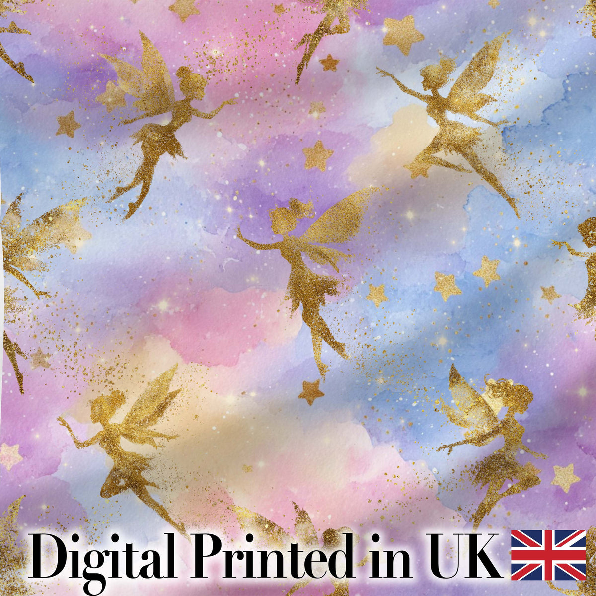 Magical Gold Fairy Silhouettes with Stars on Watercolor Sky Background Digital Print Fabric by the Metre UK Sewing Quilting Textile