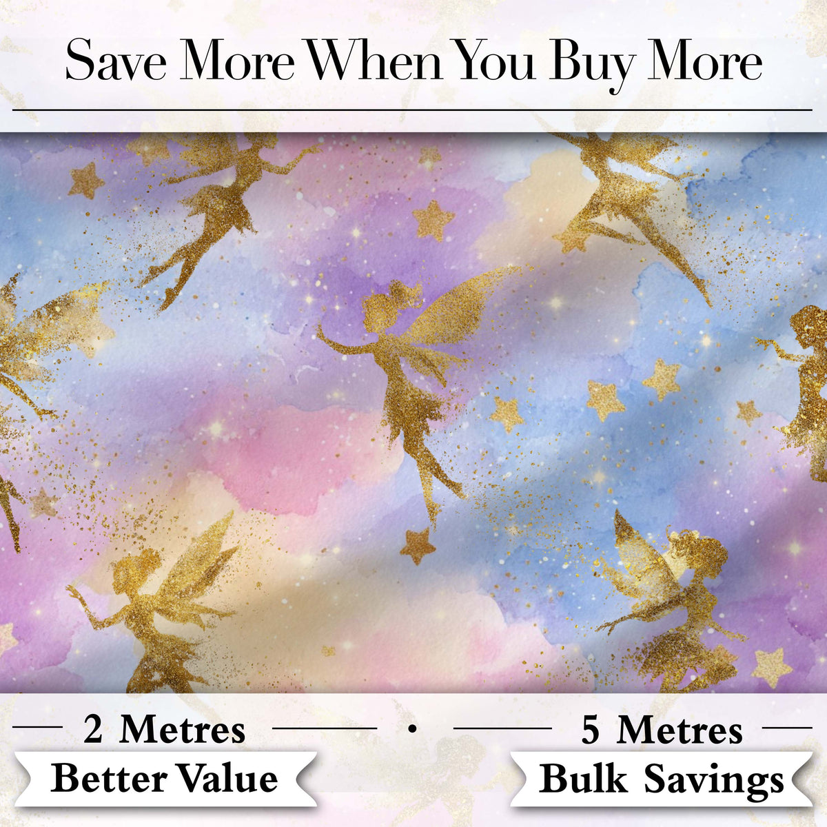 Magical Gold Fairy Silhouettes with Stars on Watercolor Sky Background Digital Print Fabric by the Metre UK Sewing Quilting Textile