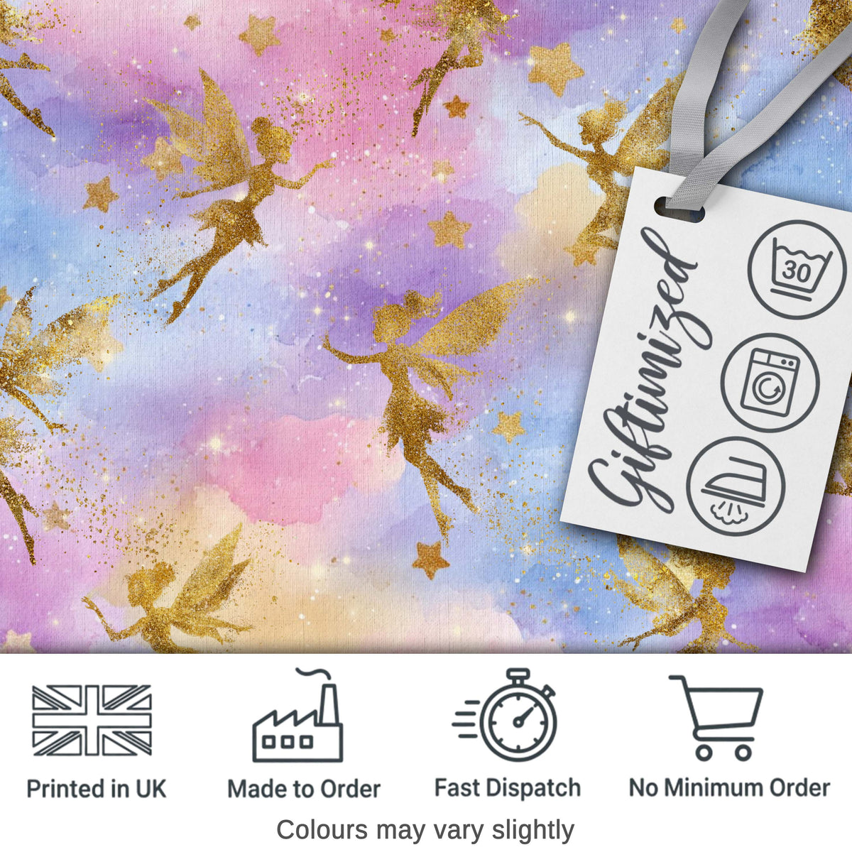 Magical Gold Fairy Silhouettes with Stars on Watercolor Sky Background Digital Print Fabric by the Metre UK Sewing Quilting Textile
