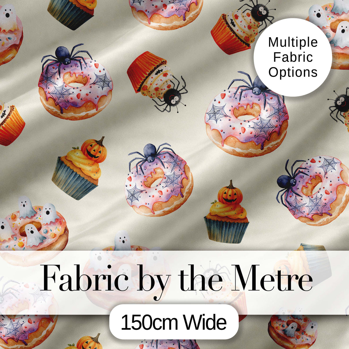 Halloween Donuts Cupcakes and Spiders Seamless on Light Beige Background Digital Print Fabric by the Metre UK Sewing Quilting Textile