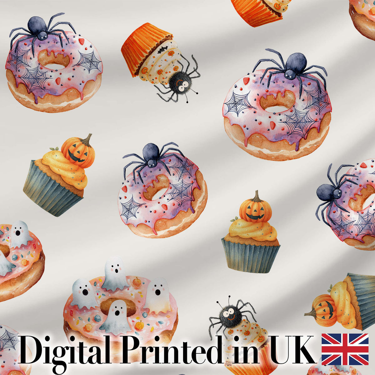 Halloween Donuts Cupcakes and Spiders on Neutral Grey Background Digital Print Fabric by the Metre UK Sewing Quilting Textile