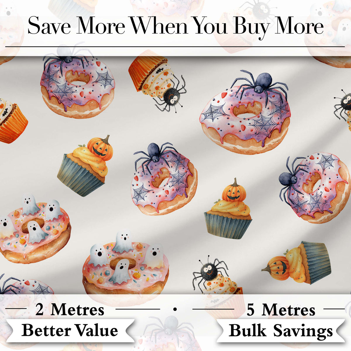 Halloween Donuts Cupcakes and Spiders on Neutral Grey Background Digital Print Fabric by the Metre UK Sewing Quilting Textile