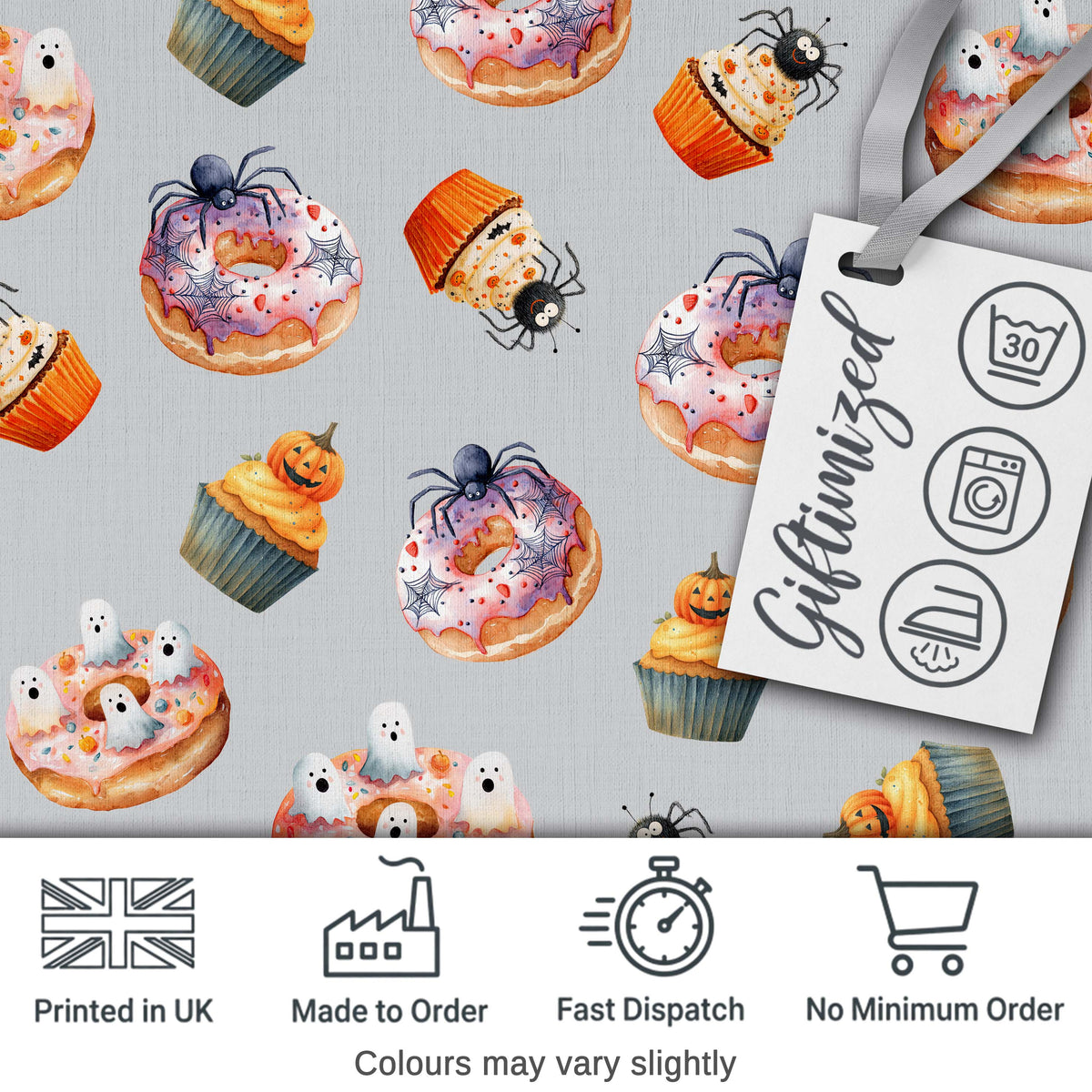 Halloween Donuts Cupcakes Spiders and Ghosts Cute Grey Background Digital Print Fabric by the Metre UK Sewing Quilting Textile