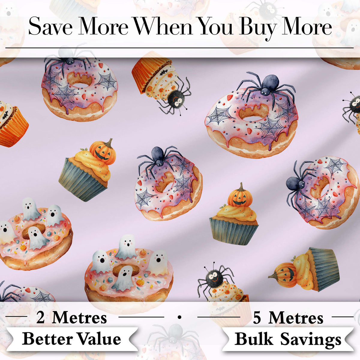 Halloween Donuts Cupcakes Spiders and Ghosts Cute Soft Lilac Background Digital Print Fabric by the Metre UK Sewing Quilting Textile