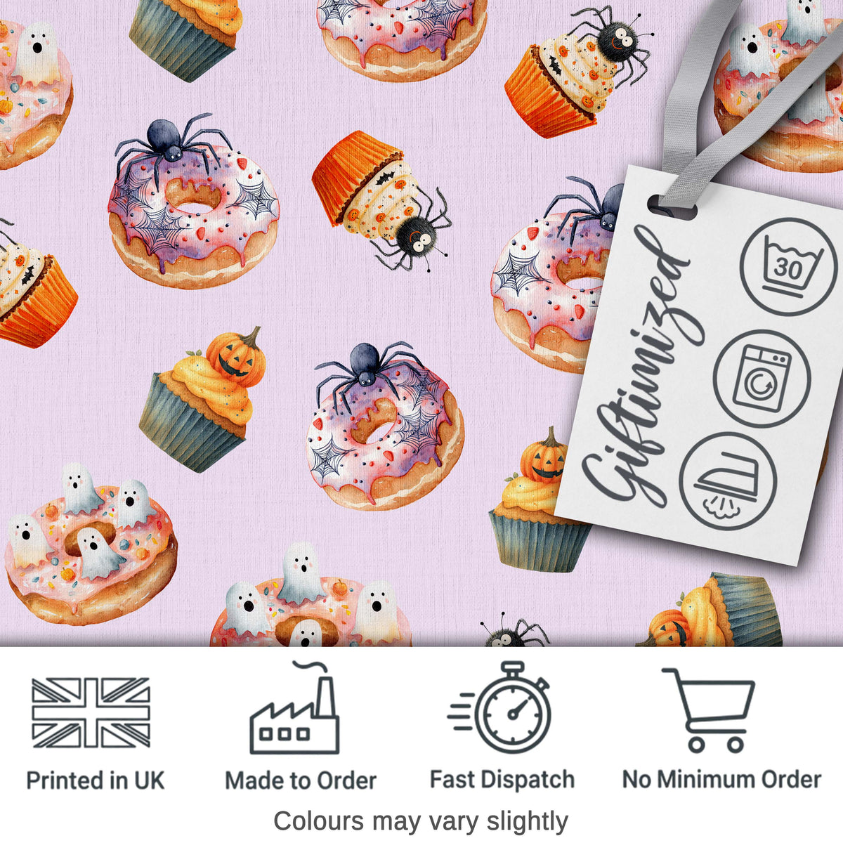 Halloween Donuts Cupcakes Spiders and Ghosts Cute Soft Lilac Background Digital Print Fabric by the Metre UK Sewing Quilting Textile