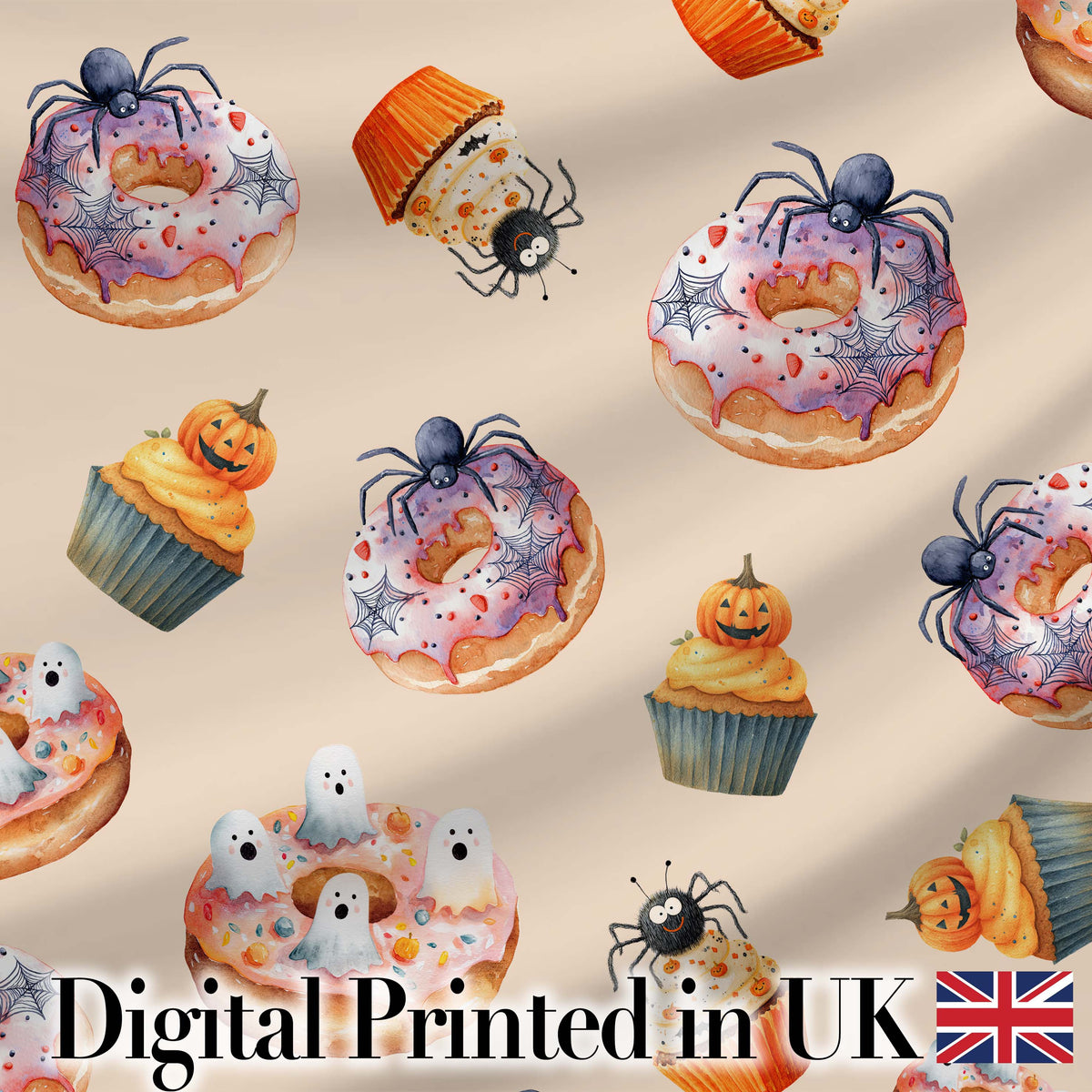 Halloween Donuts Cupcakes Spiders and Ghosts Cute Warm Beige Background Digital Print Fabric by the Metre UK Sewing Quilting Textile