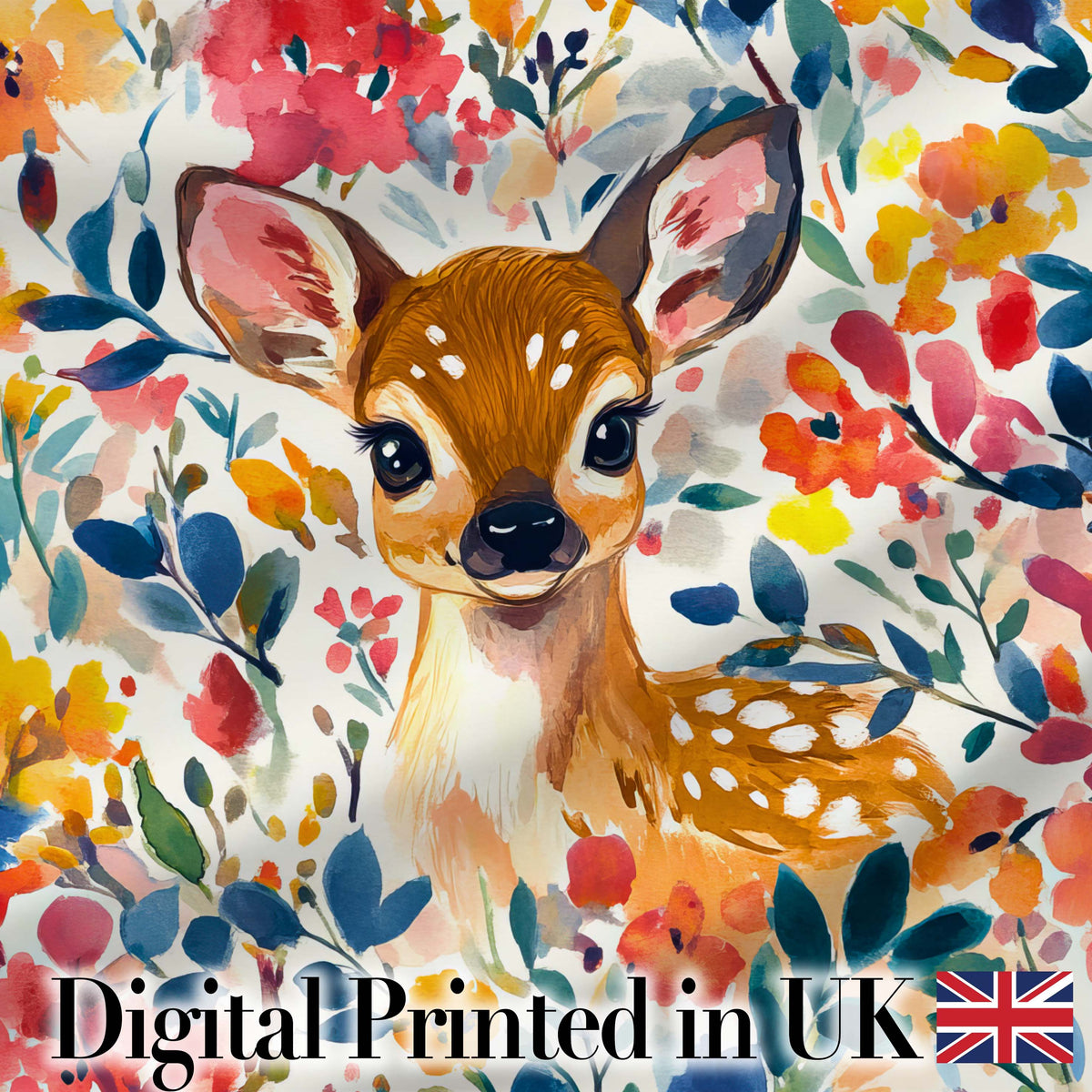 Watercolor Baby Deer Fawn with Colorful Floral Botanical Background Digital Print Fabric by the Metre UK Sewing Quilting Textile