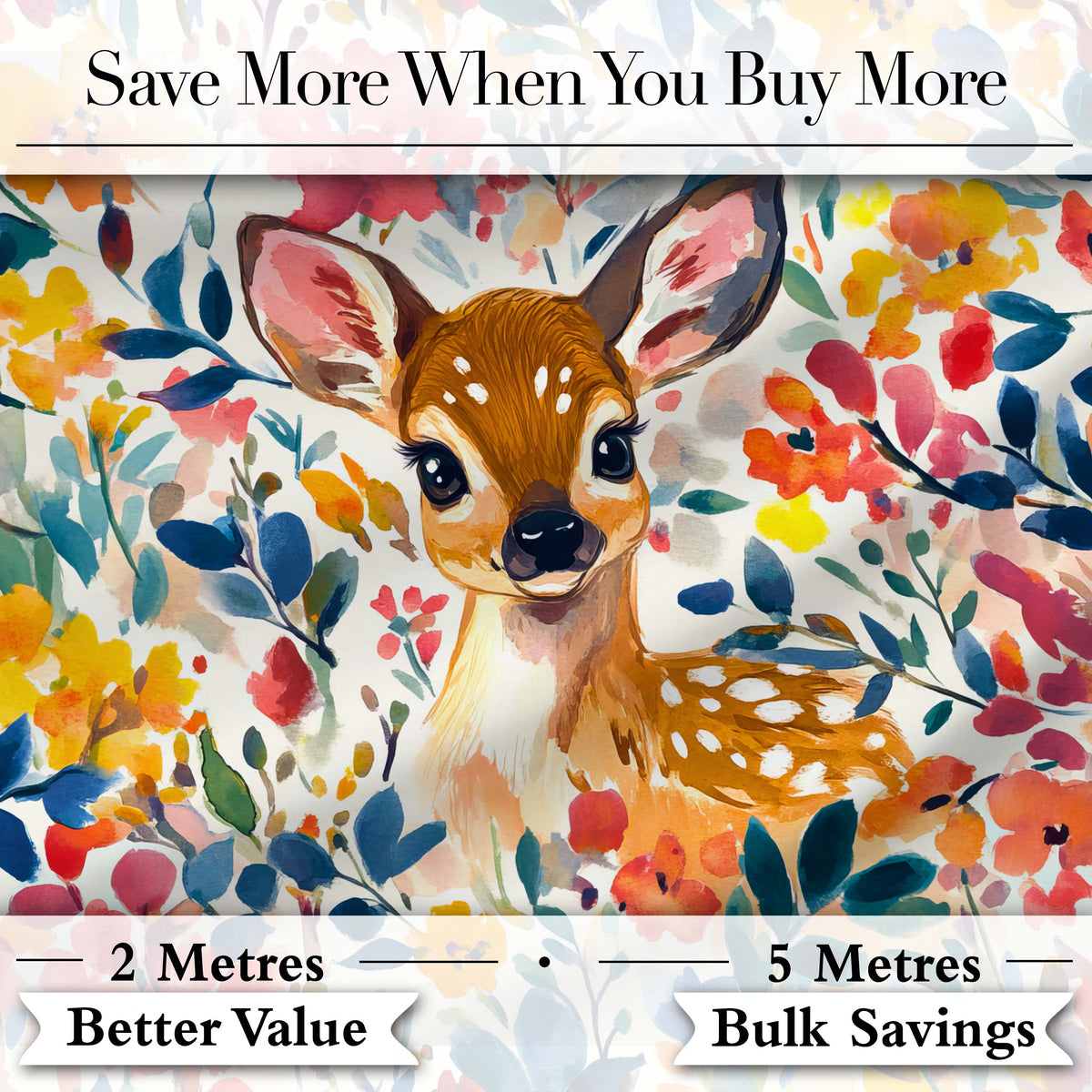 Watercolor Baby Deer Fawn with Colorful Floral Botanical Background Digital Print Fabric by the Metre UK Sewing Quilting Textile