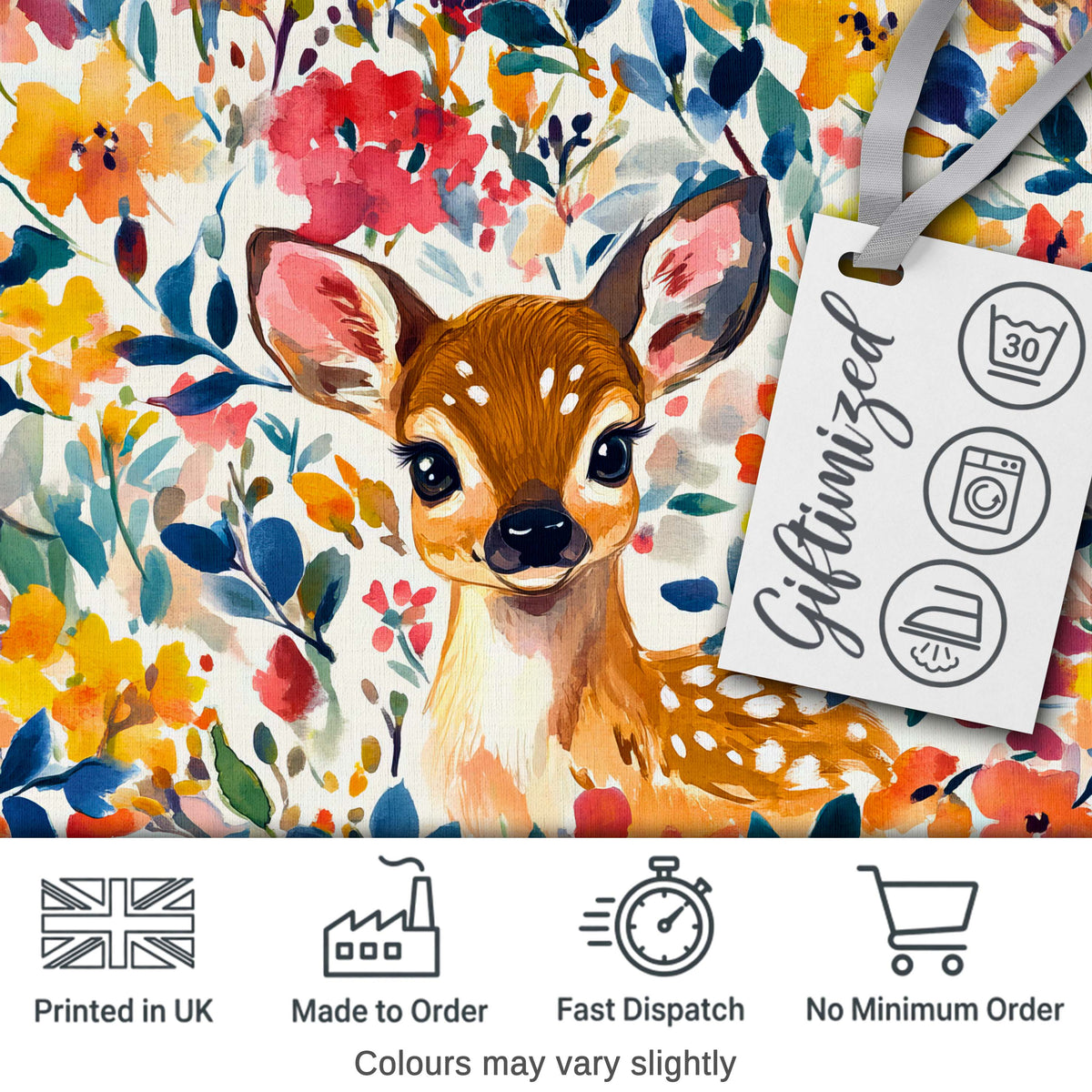 Watercolor Baby Deer Fawn with Colorful Floral Botanical Background Digital Print Fabric by the Metre UK Sewing Quilting Textile