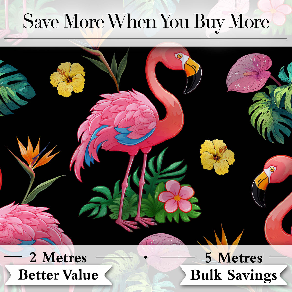 Tropical Flamingo with Hibiscus Flowers and Leaves Black Background Digital Print Fabric by the Metre UK Sewing Quilting Textile