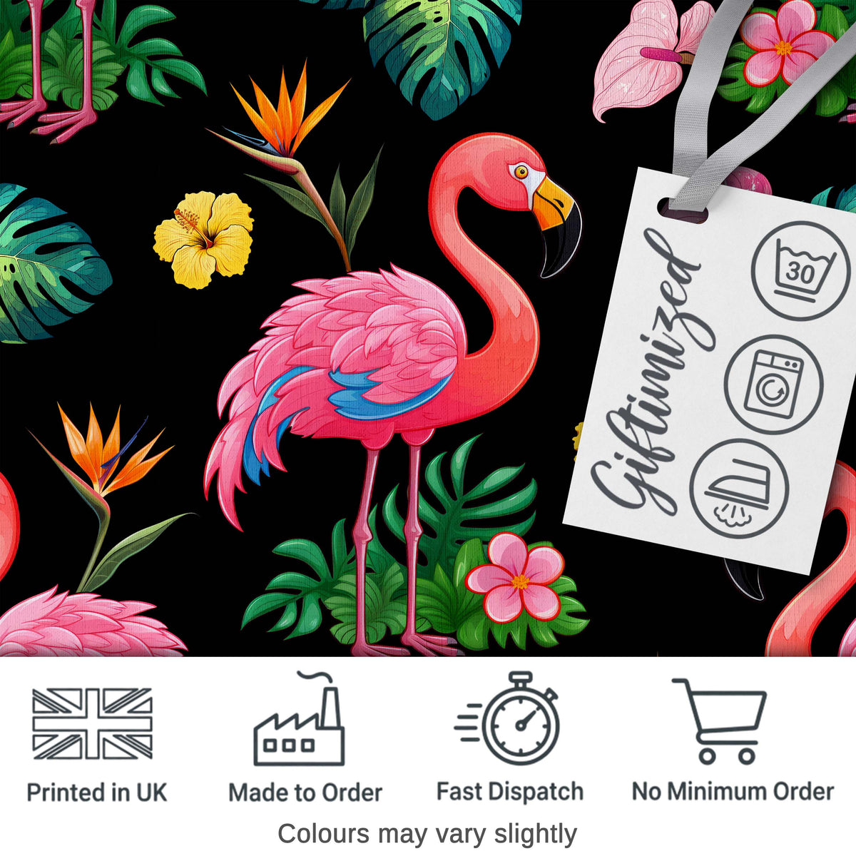 Tropical Flamingo with Hibiscus Flowers and Leaves Black Background Digital Print Fabric by the Metre UK Sewing Quilting Textile