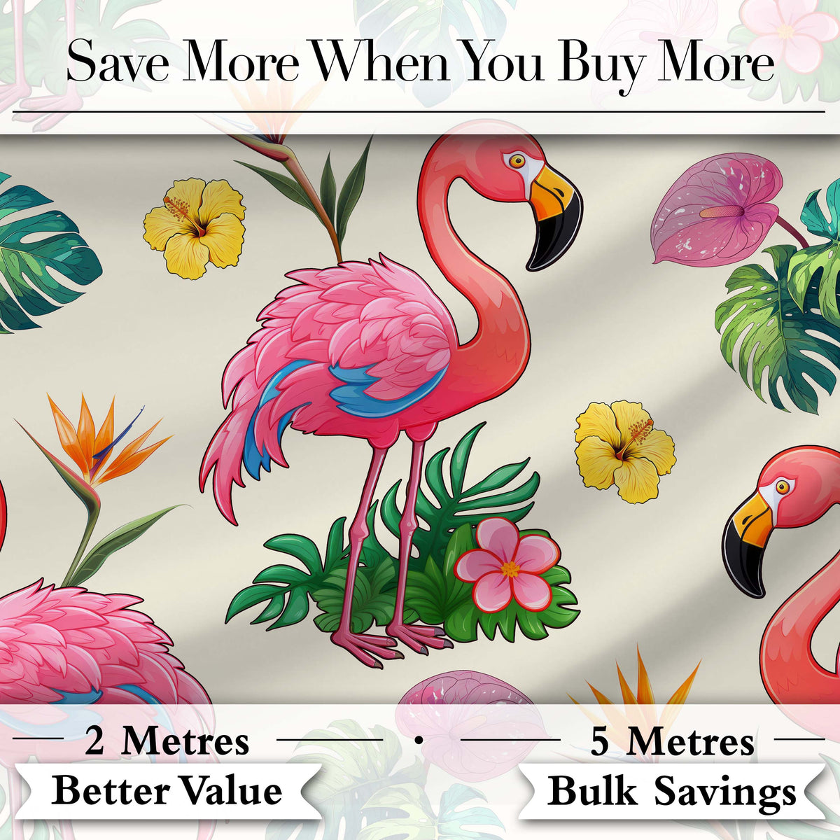 Tropical Flamingo with Hibiscus Flowers and Leaves Cream Background Digital Print Fabric by the Metre UK Sewing Quilting Textile