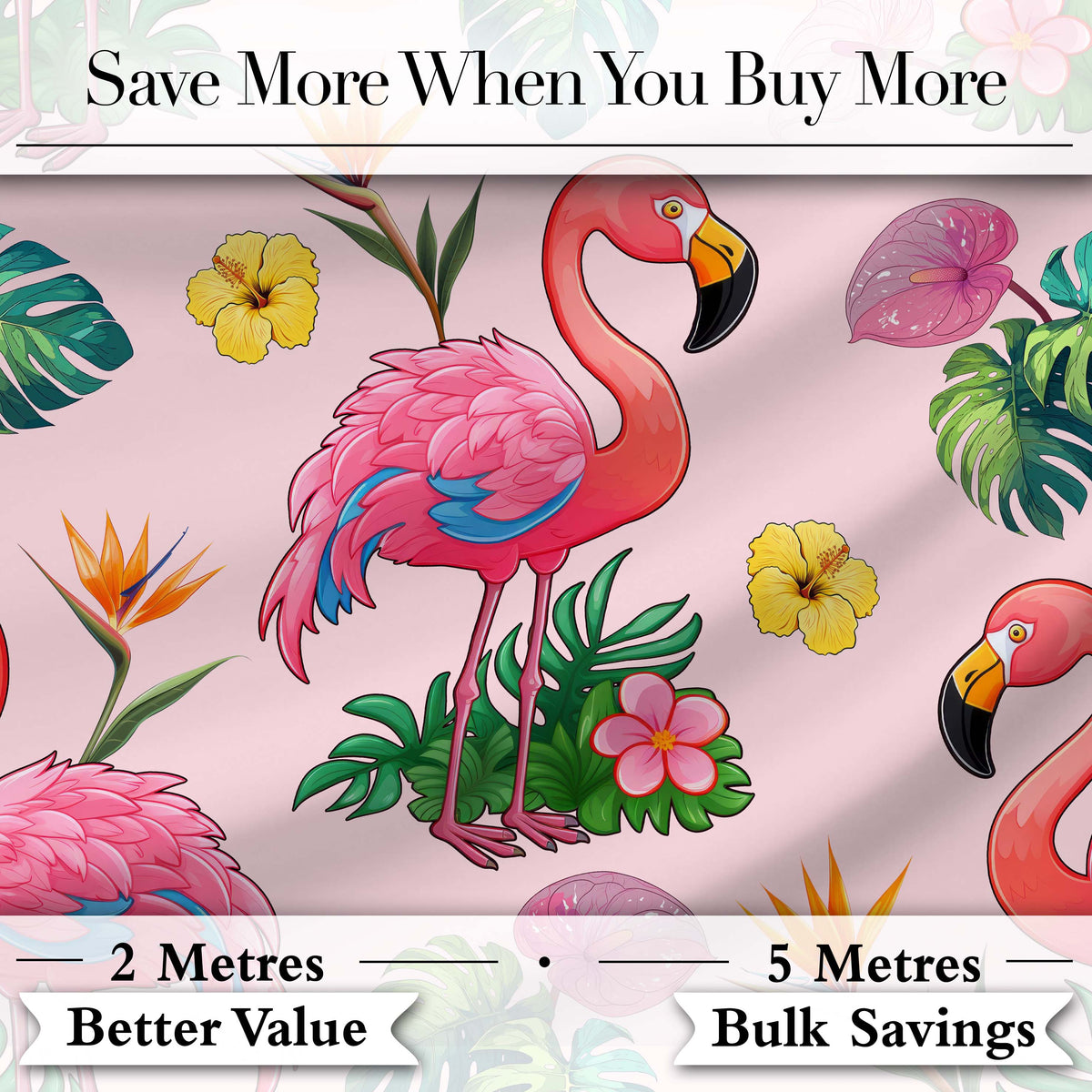 Tropical Flamingo with Hibiscus Flowers and Leaves Soft Pink Background Digital Print Fabric by the Metre UK Sewing Quilting Textile