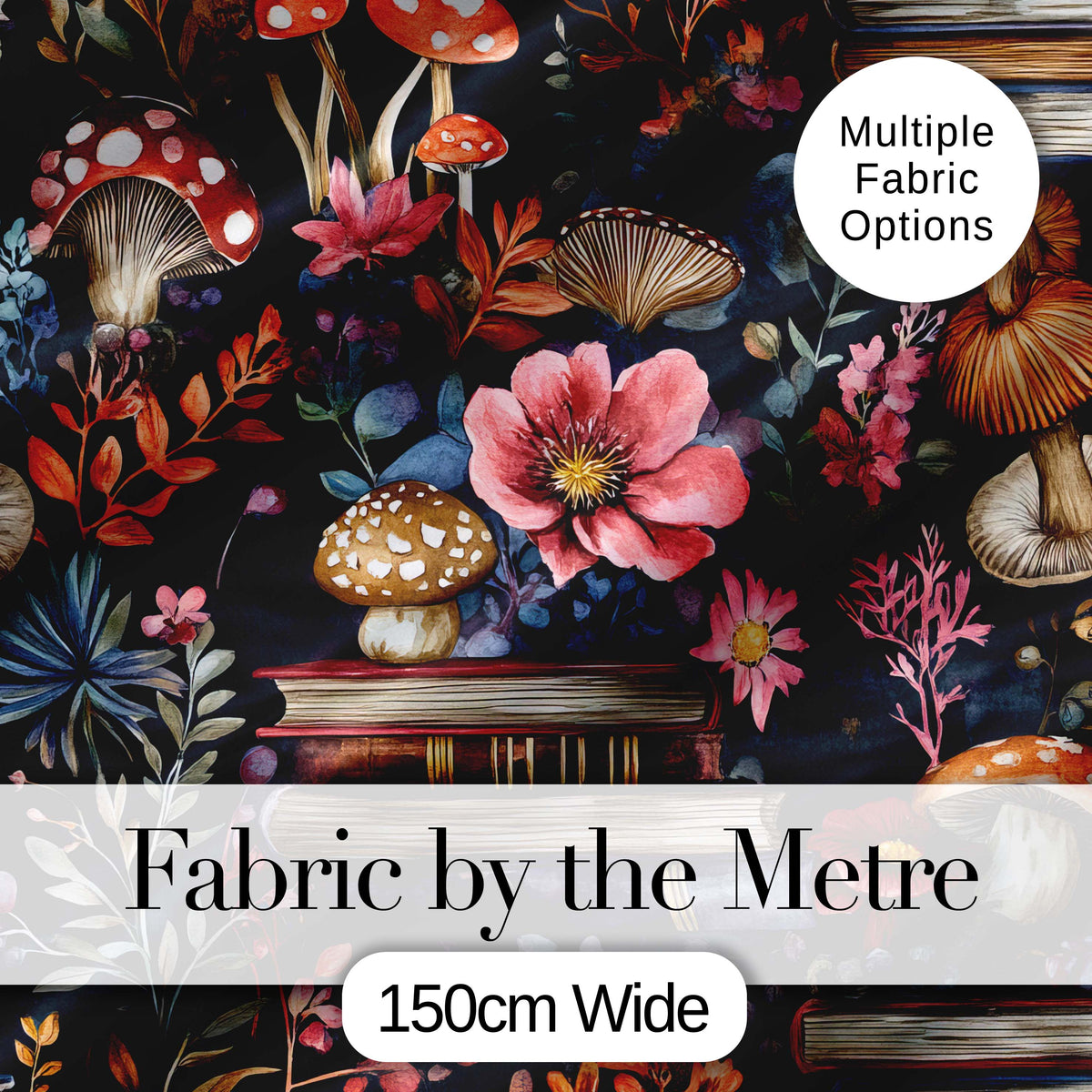 Vintage Mushrooms Books and Floral Dark Botanical Seamless Pattern Digital Print Fabric by the Metre UK Sewing Quilting Textile