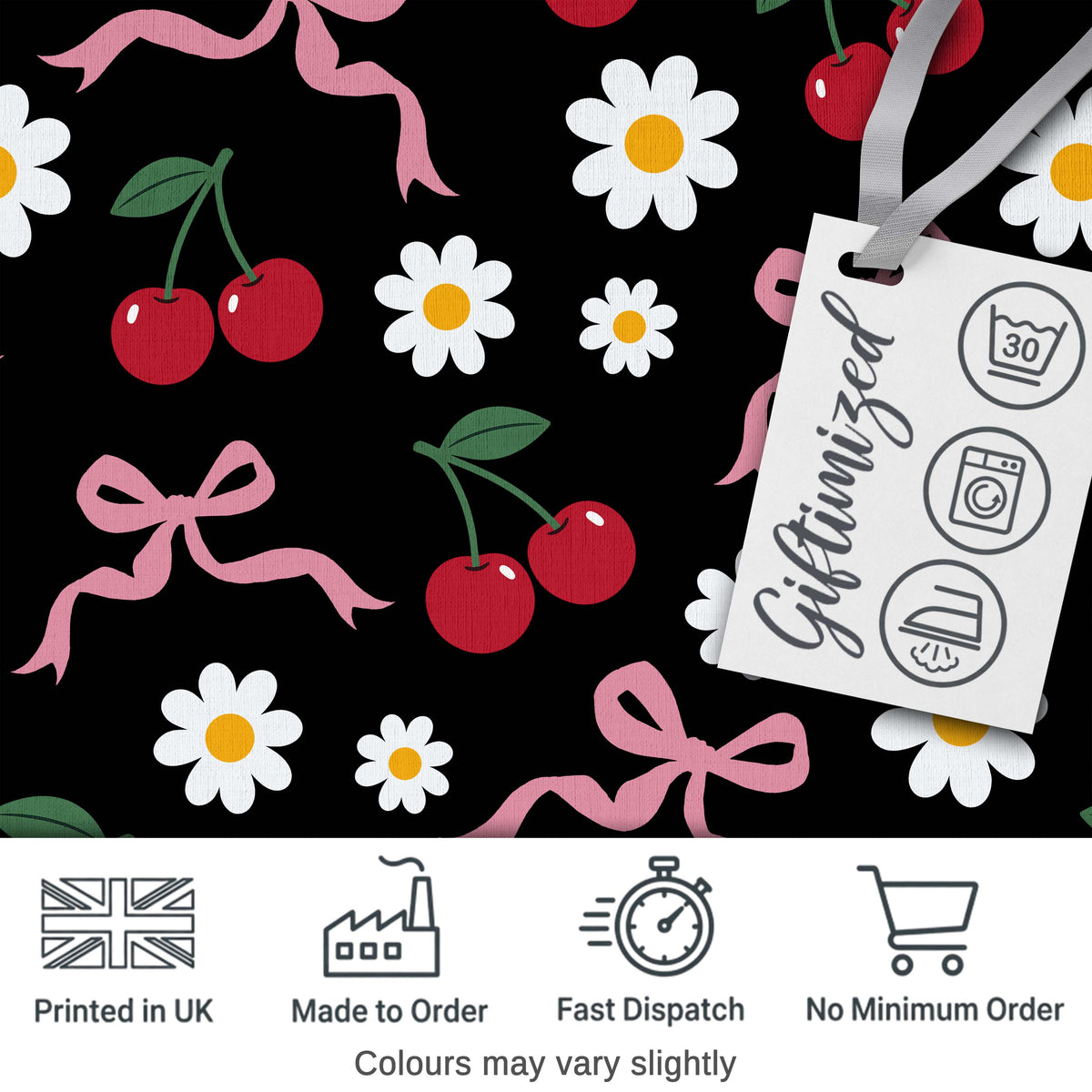Cute Cherry Bow and Daisy Seamless Pattern on Black Digital Print Fabric by the Metre UK Sewing Quilting Textile