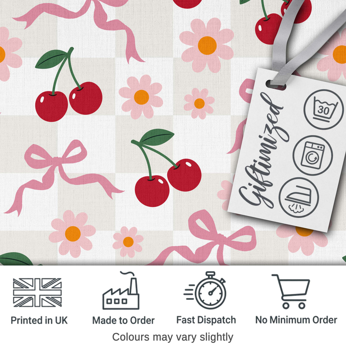Cute Cherry Bow and Daisy Grey Gingham Seamless Pattern Digital Print Fabric by the Metre UK Sewing Quilting Textile
