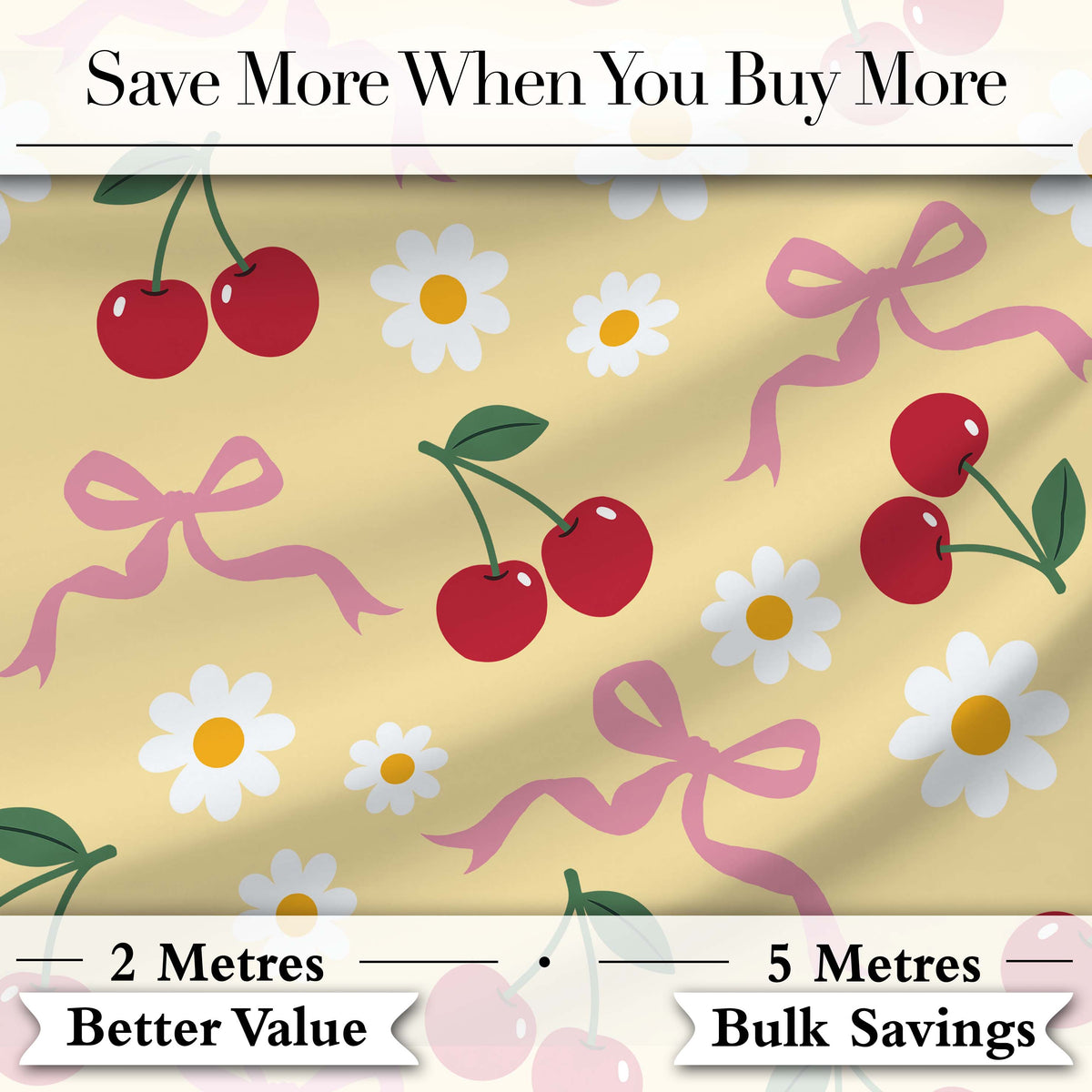 Cute Cherry Bow and Daisy Seamless Pattern on Yellow Digital Print Fabric by the Metre UK Sewing Quilting Textile