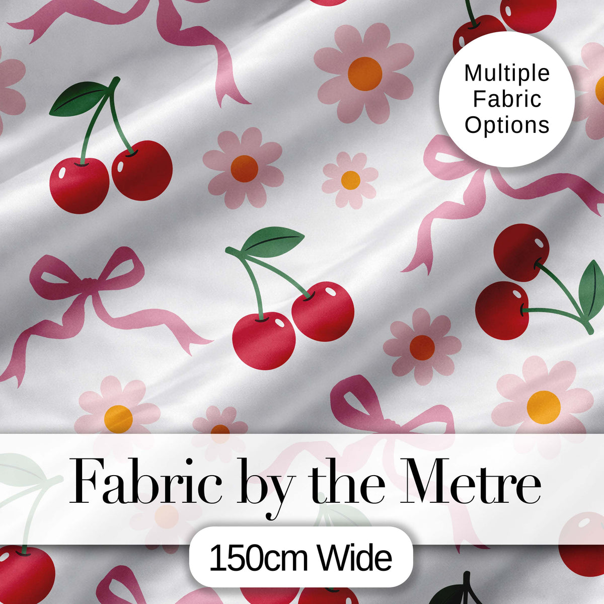 Cute Cherry Bow and Daisy Seamless Pattern on Light Grey Digital Print Fabric by the Metre UK Sewing Quilting Textile