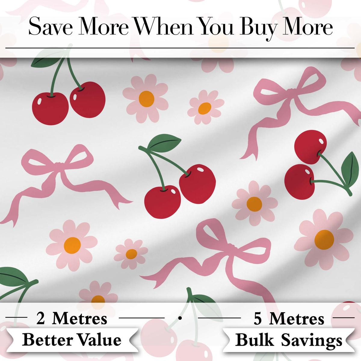 Cute Cherry Bow and Daisy Seamless Pattern on Light Grey Digital Print Fabric by the Metre UK Sewing Quilting Textile