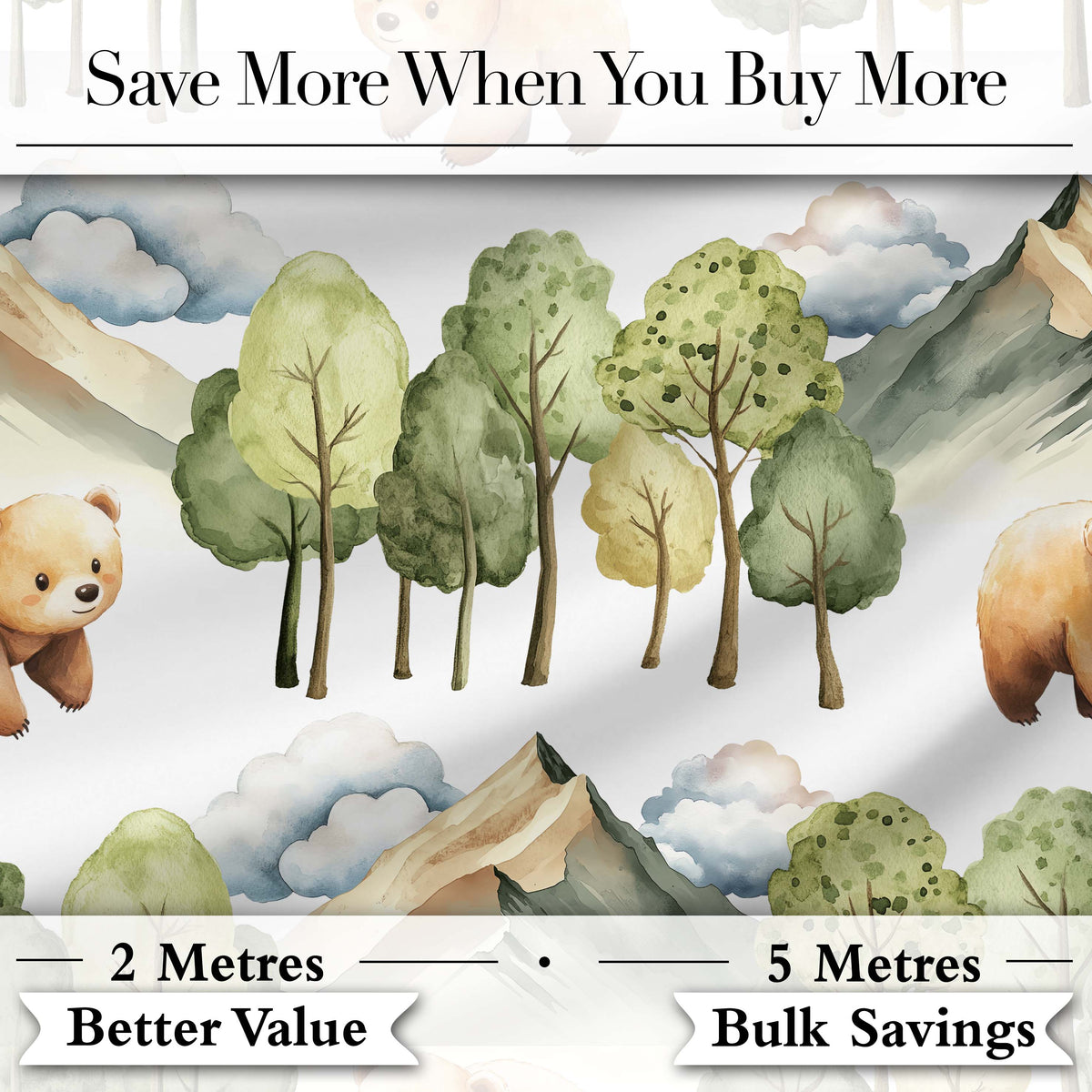 Watercolor Bear Forest Mountain Scenic Seamless Pattern Digital Print Fabric by the Metre UK Sewing Quilting Textile
