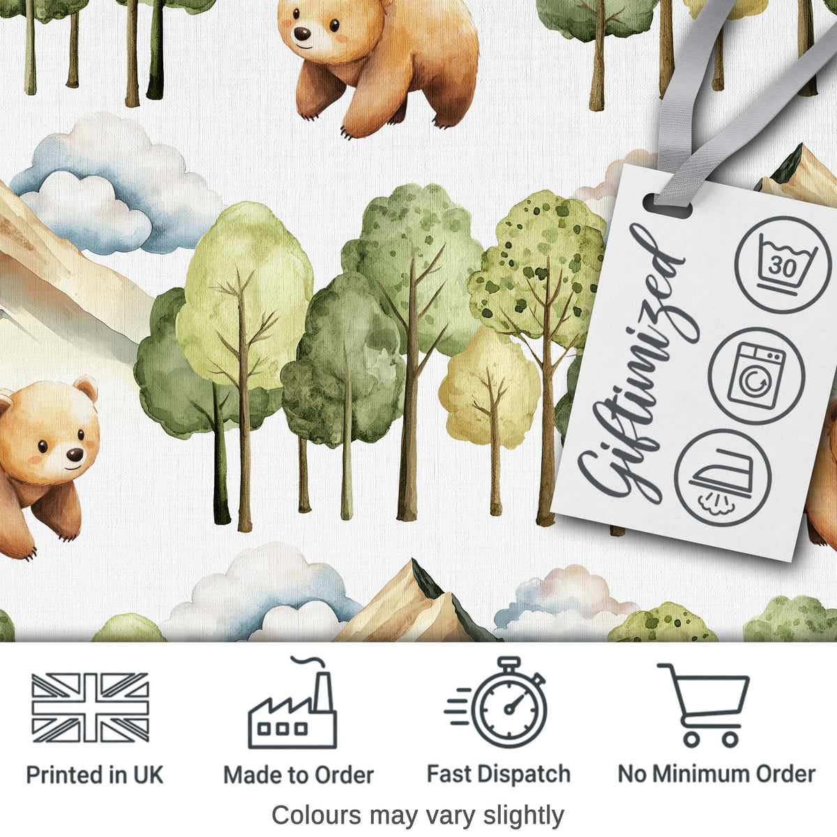 Watercolor Bear Forest Mountain Scenic Seamless Pattern Digital Print Fabric by the Metre UK Sewing Quilting Textile