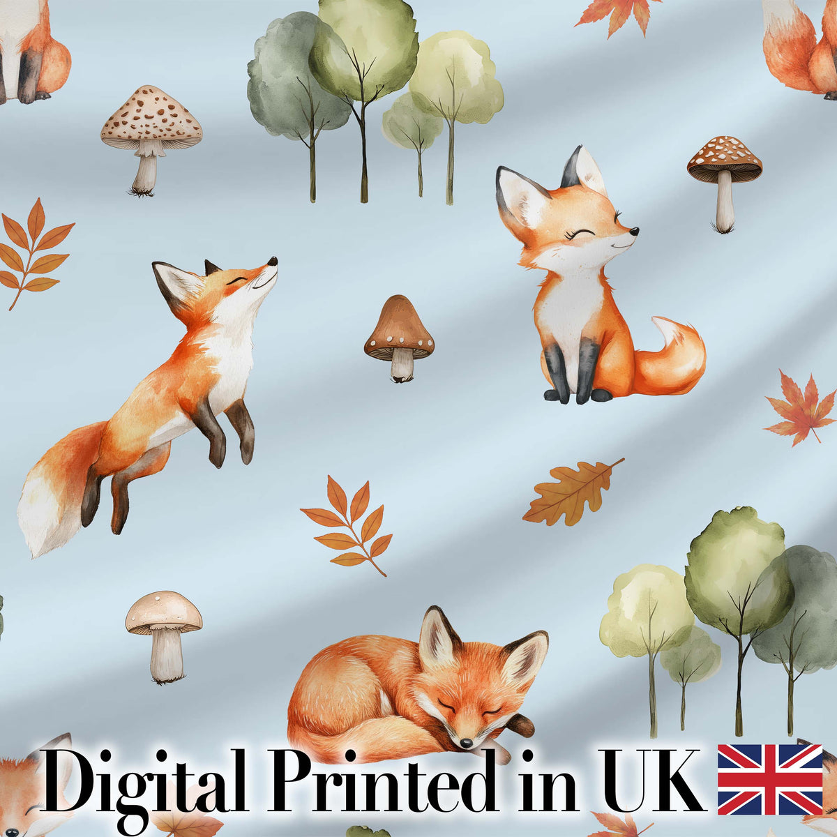 Watercolor Woodland Fox Mushroom Autumn Seamless Pattern on Blue Background Digital Print Fabric by the Metre UK Sewing Quilting Textile
