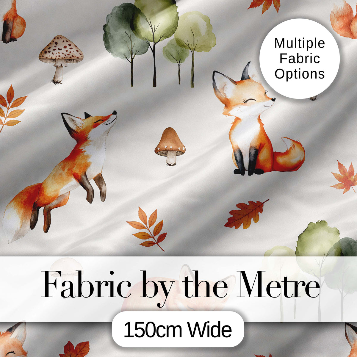 Watercolor Woodland Fox Mushroom Autumn on Light Grey Background Digital Print Fabric by the Metre UK Sewing Quilting Textile