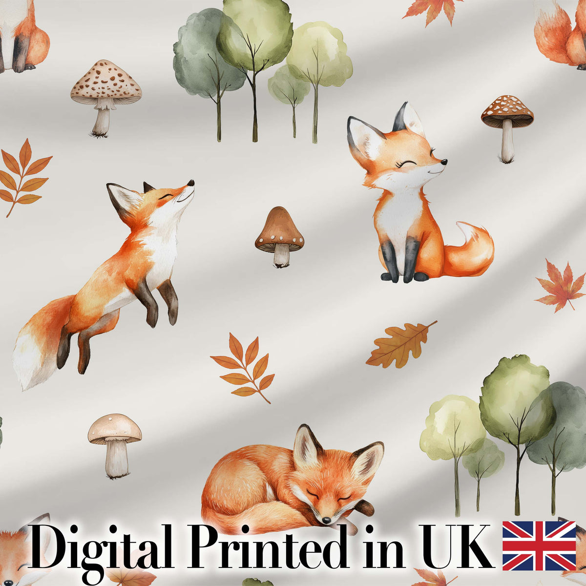 Watercolor Woodland Fox Mushroom Autumn on Light Grey Background Digital Print Fabric by the Metre UK Sewing Quilting Textile