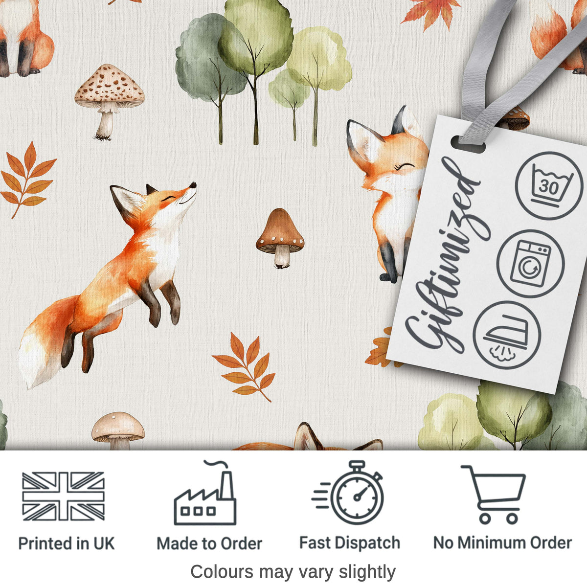 Watercolor Woodland Fox Mushroom Autumn on Light Grey Background Digital Print Fabric by the Metre UK Sewing Quilting Textile