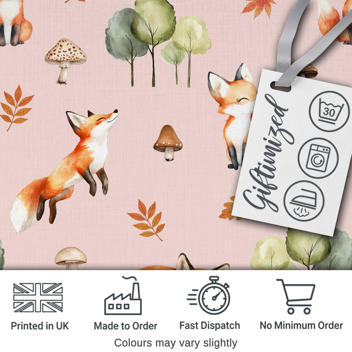 Watercolor Woodland Fox Mushroom Autumn on Blush Pink Background Digital Print Fabric by the Metre UK Sewing Quilting Textile