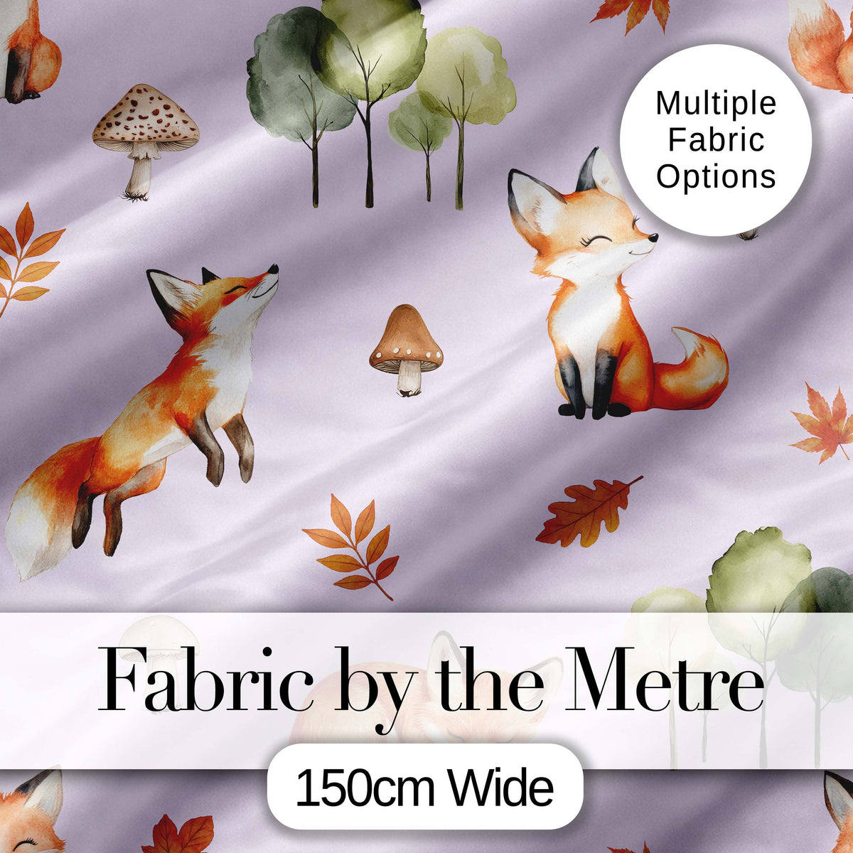 Watercolor Woodland Fox Mushroom Autumn on Soft Lavender Background Digital Print Fabric by the Metre UK Sewing Quilting Textile