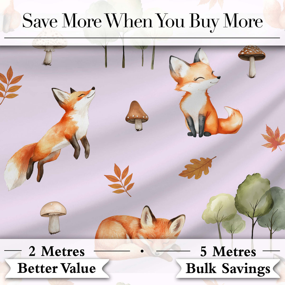 Watercolor Woodland Fox Mushroom Autumn on Soft Lavender Background Digital Print Fabric by the Metre UK Sewing Quilting Textile