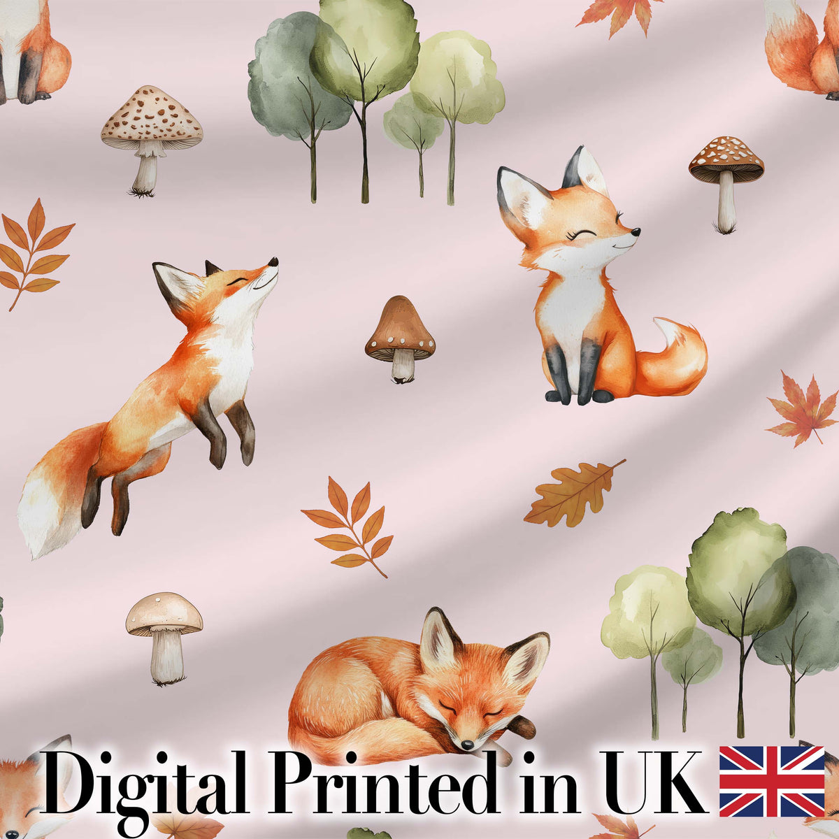 Watercolor Woodland Fox Mushroom Autumn on Dusty Pink Background Digital Print Fabric by the Metre UK Sewing Quilting Textile