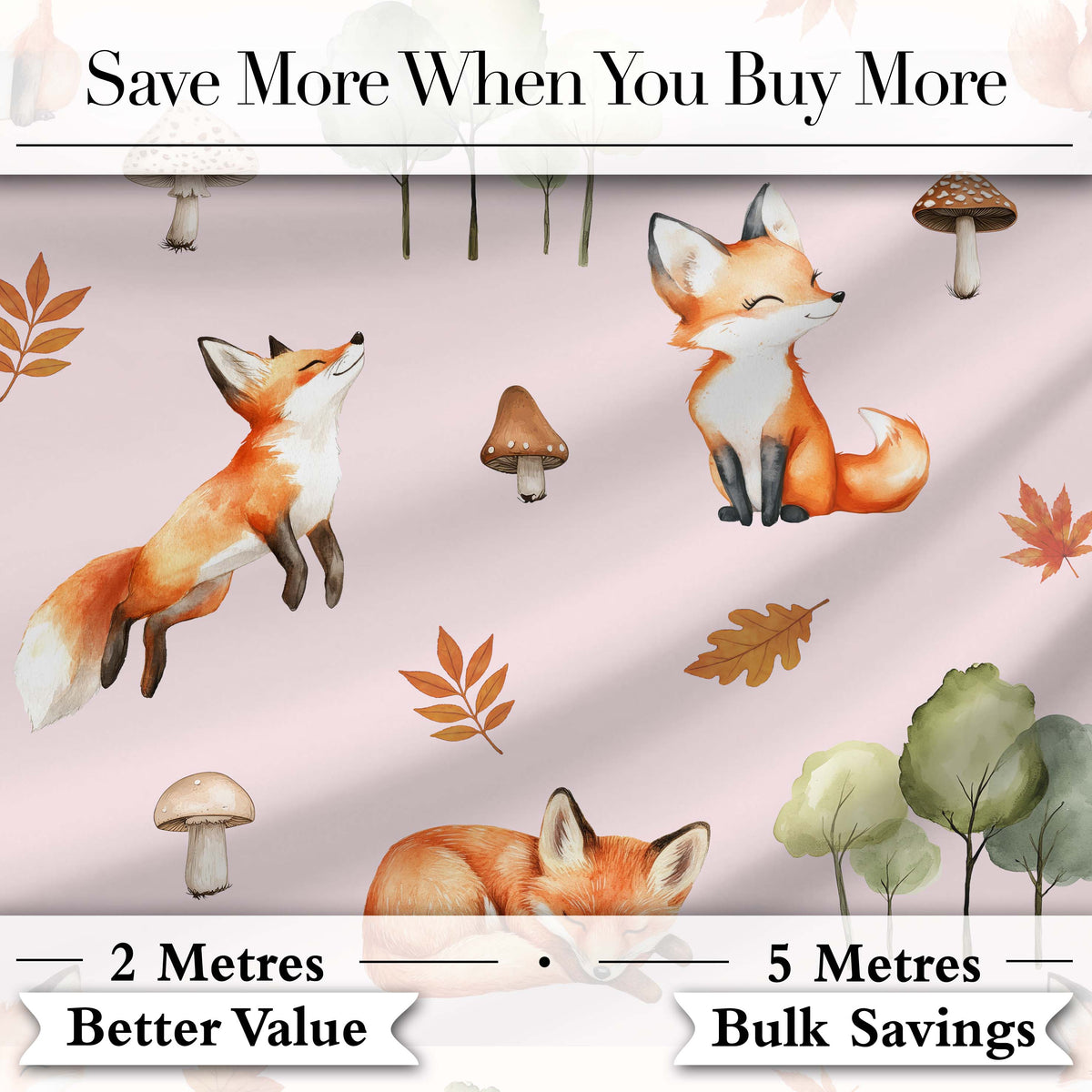 Watercolor Woodland Fox Mushroom Autumn on Dusty Pink Background Digital Print Fabric by the Metre UK Sewing Quilting Textile