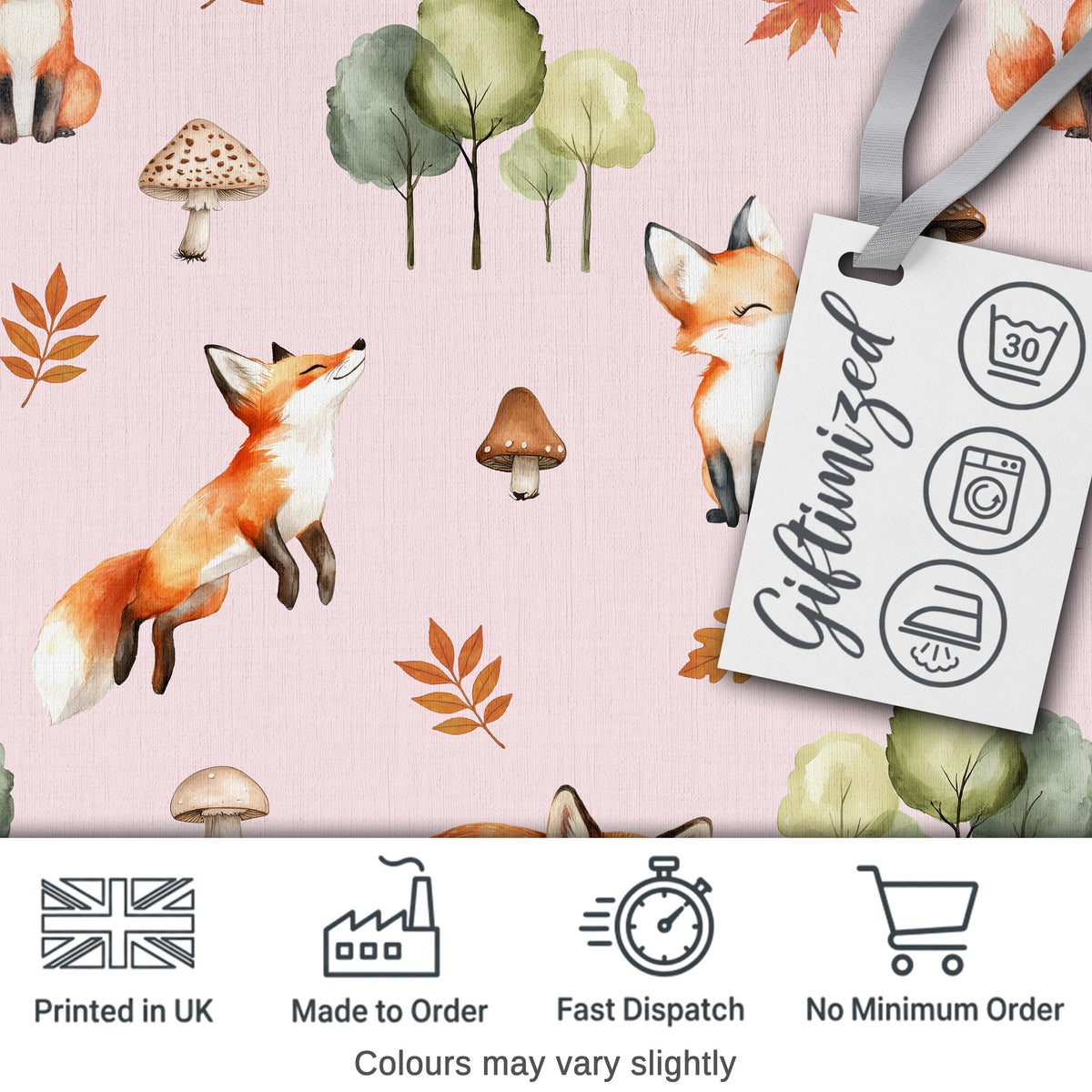Watercolor Woodland Fox Mushroom Autumn on Dusty Pink Background Digital Print Fabric by the Metre UK Sewing Quilting Textile