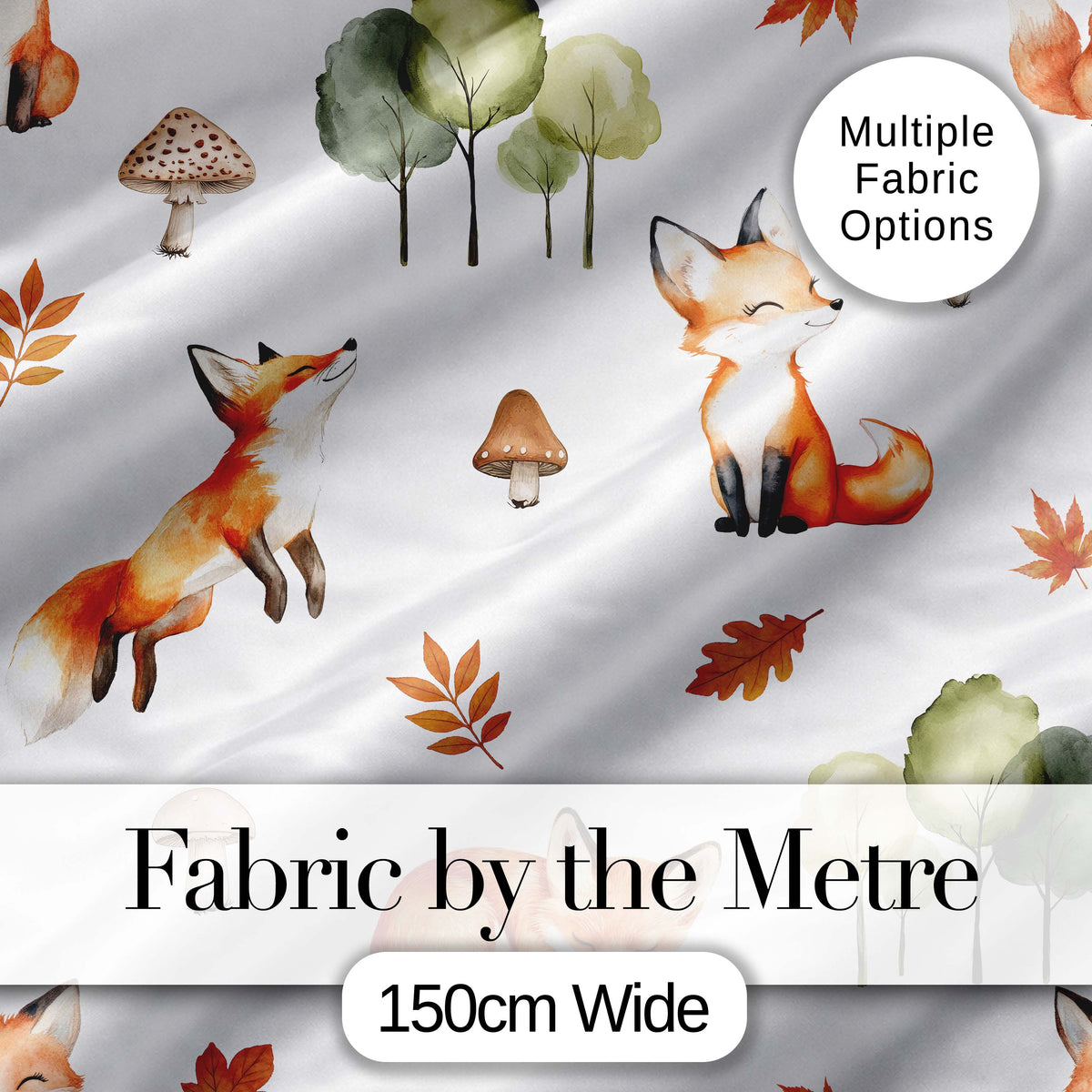 Watercolor Woodland Fox Mushroom Autumn Seamless Pattern on White Background Digital Print Fabric by the Metre UK Sewing Quilting Textile