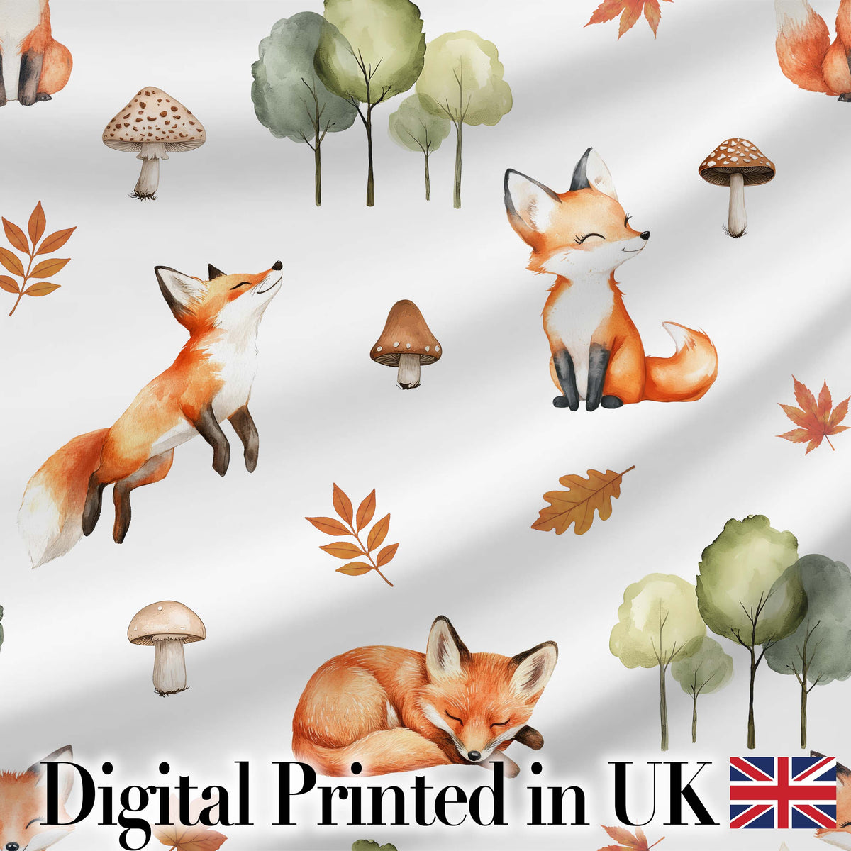 Watercolor Woodland Fox Mushroom Autumn Seamless Pattern on White Background Digital Print Fabric by the Metre UK Sewing Quilting Textile