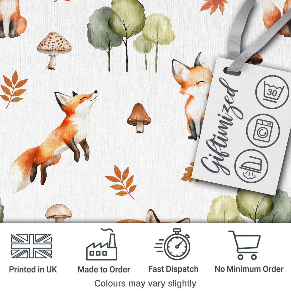 Watercolor Woodland Fox Mushroom Autumn Seamless Pattern on White Background Digital Print Fabric by the Metre UK Sewing Quilting Textile